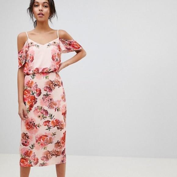 Oasis Dresses & Skirts - Oasis Spring Floral Print Cold Shoulder Pink Dress